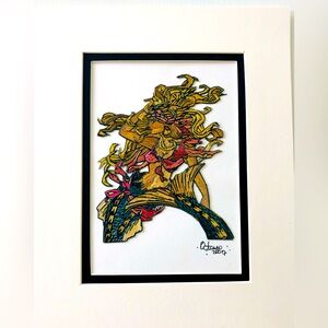 Straw Art, signed by Octavio, Mexican straw art 5x7 +Mat Intricate detailed